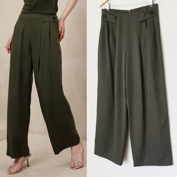 Banana Republic Tencel Pleated Pant Wide Leg Size 6 Steel Olive Green High Waist - Picture 1 of 15